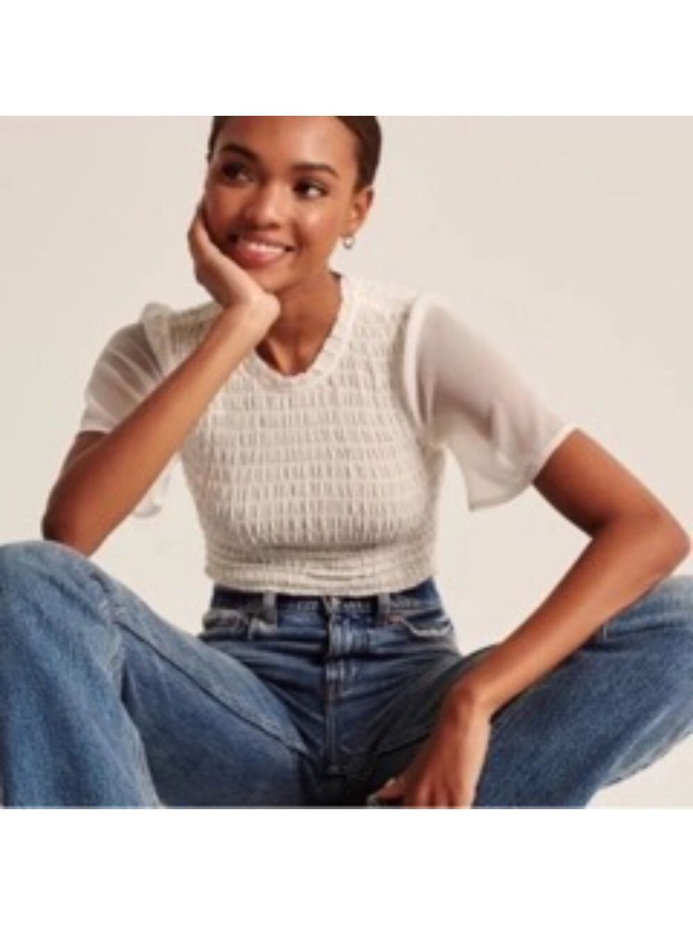 Abercrombie & Fitch Smocked Bodice Sheer Flutter Sleeve Crop Blouse